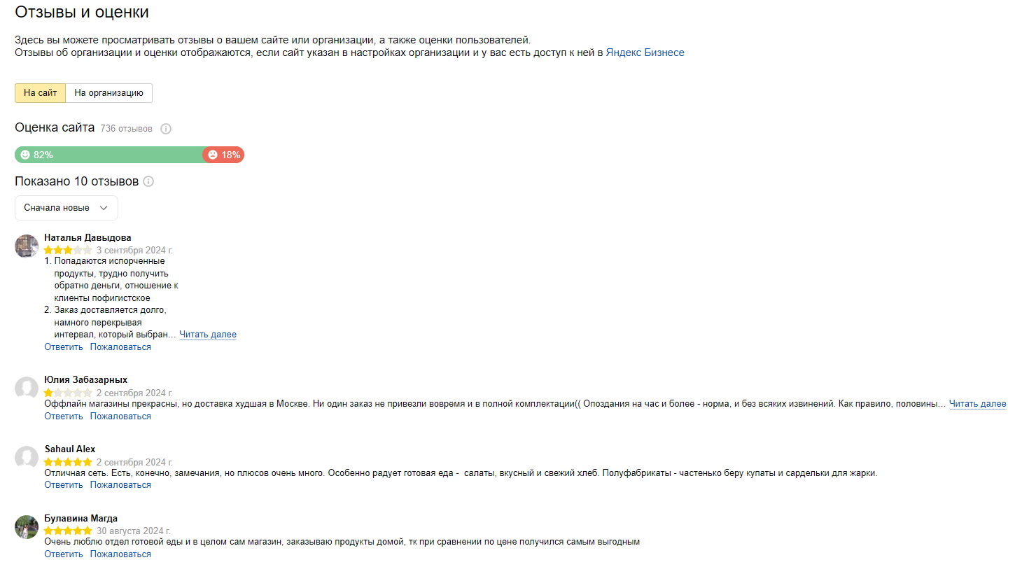 Отзывы на сайт интернет-магазина в Яндекс Вебмастере