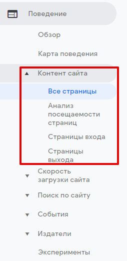 Группа отчетов "Контент сайта" в Google Analytics